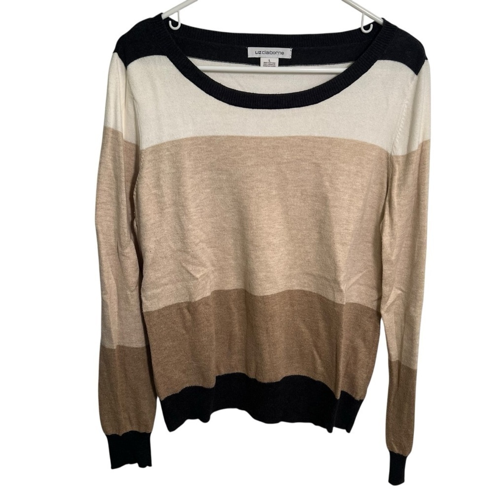 Liz Claiborne Women's Size Large Scoop Neck Sweater Beige White Tan Dark Gray